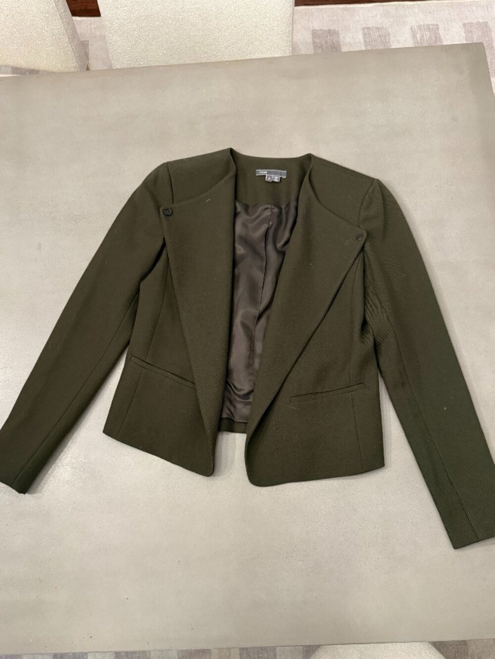 Vince Olive Green Collarless Moto Blazer, Size 2